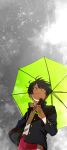  1boy aya_shiro423 black_eyes black_hair dated day gakuran green_umbrella highres holding holding_umbrella kageyama_shigeo mob_psycho_100 open_clothes outdoors red_shorts school_uniform shirt short_hair shorts smile solo umbrella white_shirt 