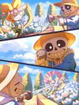  1boy 1other blue_jacket closed_eyes closed_mouth cloud day flower flowey_(undertale) hat highres hood hood_down hooded_jacket jacket korokor59513559 outdoors sans shirt skeleton sky smile teeth undertale water white_shirt 