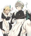  2boys ahoge alhaitham_(genshin_impact) alternate_costume apron back_bow black_bow black_dress black_ribbon black_thighhighs blonde_hair bow bow_earrings buttons cable collar commentary_request cowboy_shot crossdressing dated_commentary detached_collar dress duster earrings embarrassed enmaided eyelashes feather_hair_ornament feathers flying_sweatdrops frilled_apron frilled_collar frilled_dress frilled_thighhighs frills garter_straps genshin_impact gloves green_eyes green_hair grey_hair hair_between_eyes hair_ornament hair_over_one_eye hand_up headphones highres holding holding_duster holding_tray jewelry kaveh_(genshin_impact) kokotendon leg_up long_hair long_sleeves looking_at_viewer maid maid_headdress male_focus multicolored_hair multiple_boys neck_ribbon one_eye_covered open_mouth parted_bangs pectorals puffy_short_sleeves puffy_sleeves red_eyes ribbon short_hair short_sleeves sidelocks simple_background standing sweatdrop swept_bangs tearing_up thighhighs translation_request tray waist_apron wavy_mouth white_apron white_background white_bow white_gloves white_thighhighs wide-eyed wing_collar wrist_cuffs 