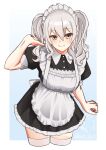  1girl absurdres alternate_costume apron black_dress blue_background border commentary_request cropped_legs dress enmaided frilled_apron frills gradient_background grey_eyes grey_hair highres kantai_collection kashima_(kancolle) looking_at_viewer maid maid_headdress mochizou sidelocks solo thighhighs tsurime twintails two-tone_background wavy_hair white_apron white_border white_thighhighs 
