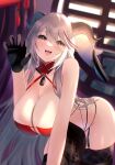  1girl absurdres aegir_(azur_lane) aegir_(golden_dragon_among_auspicious_clouds)_(azur_lane) azur_lane bent_over black_garter_straps black_gloves black_thighhighs breasts cleavage framed_breasts garter_straps gloves hanging_breasts highres horn_ornament horns huge_breasts long_hair looking_at_viewer multicolored_hair official_alternate_costume open_mouth paw_pose red_hair sideless_outfit solo streaked_hair tako-san_wiener_(takosanuma) thighhighs very_long_hair white_hair yellow_eyes 