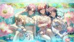  4girls asakura_toru bare_shoulders bathing black_hair blue_hair blurry blurry_foreground breast_cutout breasts brown_hair bun_cover chinese_clothes cleavage detached_sleeves double_bun flower fukumaru_koito gradient_hair hair_bun hair_flower hair_ornament higuchi_madoka ichikawa_hinana idolmaster idolmaster_shiny_colors looking_at_viewer medium_breasts midriff mole mole_under_eye multicolored_hair multiple_girls navel noctchill_(idolmaster) official_alternate_hairstyle official_art open_mouth partially_submerged petals pink_flower purple_eyes short_hair skirt skirt_tug smile swept_bangs water wet 