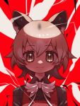  +_+ 1girl animal_ears black_shirt bow bowtie brown_eyes brown_hair dog_ears dog_girl dress extra_ears kemono_friends looking_at_viewer new_guinea_highland_wild_dog_(kemono_friends) notora red_background red_dress shirt short_hair simple_background solo white_bow white_bowtie 