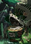  4others absurdres building day fantasy former_manager_(artist) highres jungle mask moss multiple_others nature original outdoors pond skeleton stairs tree tribal water white_hair 
