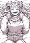  1girl blush boku_no_hero_academia breasts commentary_request double_bun fangs greyscale hair_bun highres long_hair long_sleeves looking_at_viewer medium_breasts monochrome open_mouth pants solo sweater takatsuki_ichi teeth toga_himiko turtleneck turtleneck_sweater 