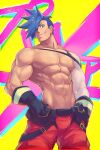  1boy 8_(yamalu) abs bara black_gloves blue_eyes blue_hair closed_mouth galo_thymos gloves highres large_pectorals looking_at_viewer male_focus muscular muscular_male navel nipples pants pectorals promare red_pants short_hair single_bare_shoulder smile solo spiked_hair 