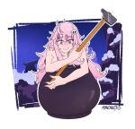  1girl artist_name breasts cauldron crmanzana getting_over_it hair_between_eyes hair_ornament hammer highres hololive hololive_english in_cauldron large_breasts long_hair messy_hair mori_calliope nude parody pink_hair red_eyes skull_hair_ornament sledgehammer solo virtual_youtuber 