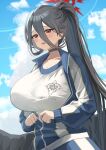  1girl absurdres black_choker black_hair black_wings blue_archive blue_jacket blue_sky blush breasts choker cloud cloudy_sky commentary feathered_wings gym_shirt hair_between_eyes halo hasumi_(blue_archive) hasumi_(track)_(blue_archive) highres huge_breasts jacket long_bangs long_hair looking_at_viewer low_wings mole mole_under_eye msonyeo15 official_alternate_costume official_alternate_hairstyle open_mouth outdoors partially_unzipped ponytail red_eyes red_halo shirt sky solo sweat track_jacket upper_body very_long_hair white_shirt wings 