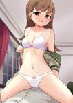  1girl absurdres admiral_(kancolle) blurry blurry_background bow bow_bra bow_panties bra breasts brown_eyes brown_hair clothes_pull commentary commission depth_of_field green_shirt half-closed_eyes head_tilt highres indoors kakizaki_(chou_neji) kantai_collection lace-trimmed_bra lace-trimmed_panties lace_trim long_hair looking_at_viewer navel no_pants ooi_(kancolle) open_clothes open_mouth open_shirt panties pixiv_commission pov shirt shirt_pull small_breasts smile straddling underwear white_bra white_panties 
