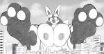  3_toes absurd_res anthro benjipaws big_breasts blush breasts building canid canine city embarrassed featureless_crotch feet female foot_fetish generation_4_pokemon greyscale hi_res lucario macro mammal monochrome nintendo pawpads paws pokemon pokemon_(species) sketch solo toes 
