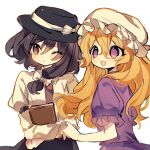  2girls :d ;o absurdres blonde_hair book bow brown_eyes dress hair_ribbon hat highres holding holding_book long_hair maribel_hearn mob_cap multiple_girls one_eye_closed puffy_short_sleeves puffy_sleeves purple_dress purple_eyes ribbon short_sleeves simple_background smile springarashi02 touhou tress_ribbon usami_renko very_long_hair white_background 