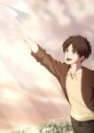  1boy absurdres blue_eyes brown_hair brown_jacket commentary_request eren_yeager field flower flower_field highres jacket male_focus open_mouth paper_airplane shingeki_no_kyojin sirius_0905hz smile solo sunlight throwing twitter_username 