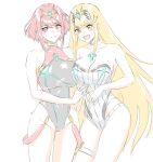  2girls bare_shoulders blush breasts chest_jewel choker cleavage closed_mouth collarbone highleg highres large_breasts long_hair looking_at_viewer mitsugu multiple_girls mythra_(radiant_beach)_(xenoblade) mythra_(xenoblade) official_alternate_costume one-piece_swimsuit open_mouth pyra_(pro_swimmer)_(xenoblade) pyra_(xenoblade) red_eyes red_hair ribbed_swimsuit short_hair simple_background smile strapless strapless_swimsuit striped striped_one-piece_swimsuit swimsuit thighs tiara vertical-striped_one-piece_swimsuit vertical_stripes white_background xenoblade_chronicles_(series) xenoblade_chronicles_2 yellow_eyes 