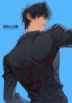  1boy black_eyes black_hair black_jacket blood blood_on_clothes blue_background cigarette cowboy_shot highres jacket long_sleeves male_focus mouth_hold natsushio_(x2i2a) nicholas_d._wolfwood profile short_hair simple_background solo standing trigun twitter_username 
