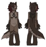  ambiguous_gender anthro brown_body brown_eyes brown_fur canid canine canis casual_nudity domestic_dog fur genderfluid hair hair_over_eye hand_tattoo inner_ear_fluff mammal model_sheet nude one_eye_obstructed pawpads paws pegacousin pegacousin_(pegacousin) solo tuft 