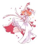  1girl bow clenched_hand dress flower freyja_wion from_side gloves hair_bow hair_flower hair_ornament hair_ribbon heart heart_hair jumping macross macross_delta open_hand orange_hair petals red_flower red_gloves ribbon ro_(tuyu_416) short_hair smile solo thigh_strap waving white_bow white_dress white_ribbon 