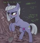  &lt;3 1:1 absurd_res balls blush bodily_fluids chastity_cage chastity_device crossgender cutie_mark dialogue dripping earth_pony equid equine eyelashes feral friendship_is_magic ftg_crossgender fti_crossgender genital_fluids genitals grey_body grey_hair grey_mane grey_tail gynomorph hair hasbro hi_res holding_object holding_shovel holding_tool horse intersex limestone_pie_(mlp) looking_away mammal mane musk_clouds my_little_pony open_mouth pony precum precum_drip quadruped rear_view shovel simple_background solo t72b tail talking_feral talking_to_viewer tan_background text tools tsundere yellow_eyes 