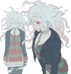  1girl absurdres arms_at_sides black_jacket black_thighhighs blush breasts chain collar collarbone cropped_jacket danganronpa_(series) danganronpa_2:_goodbye_despair facing_viewer genderswap genderswap_(mtf) grey_hair highres jacket komaeda_nagito large_breasts lazlo_(lazswoo) long_hair long_sleeves messy_hair metal_collar multiple_views open_clothes open_jacket red_eyes servant_(danganronpa) shirt smile striped striped_shirt thighhighs torn_clothes torn_thighhighs 