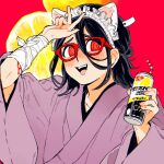  1girl @_@ arm_up bandaged_wrist bandages black_hair bleeding blood blush can cat_ear_hairband collarbone commentary_request drinking_straw drunk food fruit furrowed_brow hair_between_eyes half_updo holding holding_can japan japanese_clothes kimono lemon lemon_slice long_hair looking_at_viewer maid_headdress nanimonothing nose_blush open_mouth original personification price_tag purple_kimono raised_eyebrows red_background red_eyes simple_background smile solo strong_zero tongue tongue_out upper_body w 