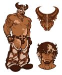  1boy abs animal_print bara belly belt boarsunrise brown_hair bulge clothing_cutout cow_horns cow_print cross cross_necklace crotchless crotchless_pants dark-skinned_male dark_skin facial_hair fake_horns full_body goatee highres horned_headwear horns jewelry large_pectorals male_focus mature_male multicolored_hair muscular muscular_male navel necklace nipple_piercing nipple_rings nipples original pants pectorals piercing plump scene_reference short_hair sideburns stomach streaked_hair thigh_cutout thighs topless_male vitiligo white_hair 