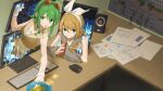  2girls arm_support bag bare_arms blonde_hair blue_eyes blurry blurry_background bow bow_hairband can chips_(food) commentary desk detached_sleeves drink drinking drinking_straw drinking_straw_in_mouth eating food food_in_mouth food_theft green_eyes green_hair grey_sailor_collar grey_sleeves gumi hair_bow hairband highres holding holding_can holding_drink indoors jacket kagamine_rin keyboard_(computer) monitor mouse_(computer) mouth_hold multiple_girls neckerchief orange_jacket orange_skirt paper plant potato_chips potted_plant sailor_collar short_hair_with_long_locks sidelocks sideways_glance skirt sleeveless sleeveless_jacket speaker through_screen upper_body vocaloid white_bow wireless wireless_mouse wounds404 wrist_cuffs yellow_neckerchief 