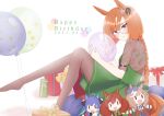  1girl animal_ears balloon bean_bag_chair blurry blurry_background blurry_foreground blush bodystocking box braid braided_ponytail breasts brown_eyes character_doll closed_mouth dated dress gift gift_box glasses green_dress happy happy_birthday highres holding holding_balloon horse_ears ikuno_dictus_(umamusume) ka_(ka_p019) knees_up long_hair looking_at_viewer looking_to_the_side matikane_tannhauser_(umamusume) nice_nature_(umamusume) no_shoes orange_hair pantyhose round_eyewear sitting small_breasts solo strapless strapless_dress twin_turbo_(umamusume) umamusume 