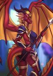  2023 anthro armor braided_hair breasts claws clothed clothing digital_media_(artwork) dragon eyebrows eyelashes female gaiawolfess hair hi_res holding_object holding_weapon horn malakhael membrane_(anatomy) membranous_wings non-mammal_breasts red_body red_scales scales scalie smile solo spines weapon western_dragon wings yellow_eyes 