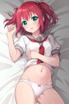  1girl bed_sheet blush bow bow_panties green_eyes grey_sailor_collar highres kurosawa_ruby long_hair looking_at_viewer love_live! love_live!_sunshine!! lying navel neckerchief on_back open_mouth panties rabineru red_hair red_neckerchief sailor_collar sailor_shirt school_uniform shirt short_sleeves solo stomach two_side_up underwear uranohoshi_school_uniform white_panties white_shirt 