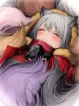  1girl ^_^ absurdres animal_ears arknights blush character_request clenched_teeth closed_eyes commentary grey_hair highres hood lying mask mask_around_neck on_back projekt_red_(arknights) provence_(arknights) shamare_(arknights) smile tab_head tail teeth 