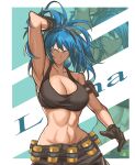  1girl abs absurdres arm_pouch biceps black_gloves blue_eyes blue_hair breasts cargo_pants cleavage crop_top earrings gas_can gloves highres jewelry large_breasts leona_heidern long_hair looking_at_viewer midriff muscular muscular_female navel pants ponytail soldier solo tank_top the_king_of_fighters the_king_of_fighters_xiii triangle_earrings user_nynu4828 