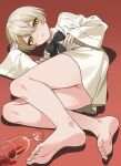  1boy ayus4534 bare_legs barefoot black_bow black_bowtie blonde_hair blush bow bowtie commission crossdressing cup dress drinking_glass feet full_body hair_between_eyes highres long_sleeves looking_at_viewer lying male_focus no_panties on_side original otoko_no_ko red_background shadow short_hair simple_background skeb_commission soles solo spill toes white_dress wide_sleeves wine_glass yellow_eyes 