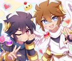  2boys absurdres angel angel_wings annoyed arm_support bandaid bandaid_on_face bandaid_on_nose black_hair blue_eyes bottle commentary dark_pit enni feathered_wings heart highres kid_icarus kid_icarus_uprising laurel_crown male_focus multiple_boys one_eye_closed pit_(kid_icarus) red_eyes siblings smile symbol-only_commentary twins w wings 