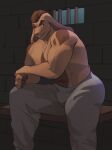  anthro bottomwear brown_hair clothing eyebrows hair hi_res lagomorph leporid long_ears looking_at_viewer male mammal muscular muscular_anthro muscular_male pants prison_cell prisoner rabbit shirtless shugggie sitting solo thick_eyebrows 