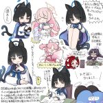  6+girls animal_ears barefoot black_eyes black_hair black_horns black_sailor_collar blue_archive blue_halo blue_neckerchief blush book braid calligraphy_brush cat&#039;s_cradle cat_ears cat_tail chlorella_observation_club_member_(blue_archive) closed_eyes closed_mouth eyeshadow halo hanako_(blue_archive) haniwa_(statue) haori highres holding holding_brush horns japanese_clothes kikyou_(blue_archive) long_hair long_sleeves makeup miranofuudoria multiple_girls multiple_tails neckerchief open_book open_mouth paintbrush pink_hair pink_halo purple_hair purple_halo red_eyes red_eyeshadow red_hair red_halo red_sailor_collar renge_(blue_archive) sailor_collar school_uniform serafuku short_hair simple_background single_braid single_horn smile tail translation_request two_side_up two_tails white_background yukari_(blue_archive) 