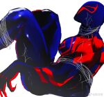  1boy bara blue_bodysuit bodysuit bound bound_legs from_side highres large_pectorals male_focus marvel mrjieshisu muscular muscular_male pectorals print_bodysuit red_bodysuit silk solo spider-man:_across_the_spider-verse spider-man_(2099) spider-man_(series) spider-verse spider_web superhero thick_thighs thighs two-tone_bodysuit 