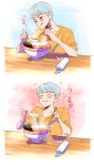  1girl ^_^ animification apex_legends blush bowl chopsticks closed_eyes collarbone eating egg_(food) food grey_hair hair_behind_ear head_tilt holding holding_chopsticks holding_spoon licking_lips mizu_cx noodles orange_shirt ramen shirt short_hair smile sparkle spoon t-shirt tongue tongue_out towel valkyrie_(apex_legends) 