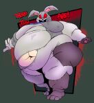  abstract_background anthro belly big_belly breasts clothing costume creepy dialogue female five_nights_at_freddy&#039;s hi_res human lagomorph leporid looking_at_viewer mammal navel obese obese_female overweight overweight_female rabbit red_eyes scottgames seam_(sewing) simple_background smile smokii solo stain thick_thighs vanny_(fnaf) walking wardrobe_malfunction whiskers 