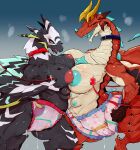  6_breasts anthro areola big_breasts blush bodily_fluids breasts claws cottontail crossgender diaper dragon duo female genital_fluids hi_res horn multi_breast nipples red_body scalie shult_(world_flipper) wagner_(world_flipper) wings world_flipper 