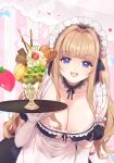  1girl apron blonde_hair blue_eyes breasts chami_(charming621) cherry choker cookie dolphin_wave dress elbow_gloves food frilled_apron frills fruit gloves hair_intakes heart-shaped_cookie highres holding holding_tray huge_breasts kirahoshi_kanna kiwi_(fruit) kiwi_slice lace lace_choker leaning_forward long_hair looking_at_viewer maid maid_headdress open_mouth parfait pocky ribbon skindentation smile solo tray very_long_hair whipped_cream 