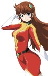  1girl aoi_nagisa_(metalder) blue_eyes bodysuit breasts brown_hair closed_mouth covered_navel elbow_gloves gloves highres large_breasts looking_at_viewer maria_grace_fleed mazinger_(series) red_bodysuit simple_background smile solo ufo_robo_grendizer white_background white_gloves 