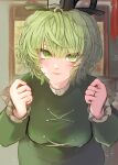  1girl absurdres black_headwear breasts closed_mouth commentary_request dress green_dress green_eyes green_hair hat highres jewelry large_breasts long_sleeves looking_at_viewer ring short_hair soga_no_tojiko solo takana_(forsterite) tate_eboshi touhou upper_body 