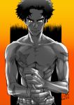  1boy abs black_hair brown_eyes collarbone dated egg_(cknlun) joe_(megalo_box) looking_at_viewer male_focus megalo_box nipples nose_tape pectorals scar scar_on_arm scar_on_cheek scar_on_face solo standing thick_eyebrows toned topless_male upper_body 