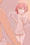  1boy 1girl android blurry blurry_background bulge closed_eyes collarbone commission doll_joints dorothy_haze erection erection_under_clothes highres joints naked_towel open_mouth pink_towel pixiv_commission player193 red_hair short_hair sidelocks standing sweat towel va-11_hall-a waving 