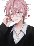  1boy bishounen highres holding jacket long_sleeves looking_at_viewer male_focus minase_(neo-porte) mole mole_under_eye neo-porte octopus_hair_ornament pink_hair purple_eyes short_hair smile solo virtual_youtuber 