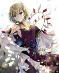 1girl bare_shoulders blonde_hair bloom breasts citrinne_(fire_emblem) cleavage dress feather_hair_ornament feathers fire_emblem fire_emblem_engage hair_ornament jewelry light_particles looking_at_viewer medium_breasts red_eyes short_hair signature simple_background smile solo white_background wing_hair_ornament yuyu_(spika) 