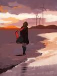  1girl black_sailor_collar black_skirt black_socks blurry blurry_background brown_hair caustics cloud commentary dark_clouds day facing_away floating_scarf fringe_trim from_behind full_body grey_sky highres kagerou_project loafers long_scarf looking_afar mountain mountainous_horizon on_ground otorigg outdoors pleated_skirt red_scarf reflection sailor_collar scarf shoes skirt sky socks solo tateyama_ayano walking_away water white_sky wide_shot wind wind_lift winter_uniform 