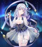  1girl aurora black_choker blue_background blue_corset blue_eyes blue_gemstone blue_hair blue_ribbon blush braid breasts breasts_apart choker commentary_request corset crown_braid gem hair_ornament hand_up highres holding holding_sword holding_weapon juliet_sleeves kagami_masara layered_sleeves light_blue_hair long_sleeves magia_record:_mahou_shoujo_madoka_magica_gaiden mahou_shoujo_madoka_magica medium_hair miniskirt parted_lips pendant_choker pom_pom_(clothes) pom_pom_hair_ornament print_skirt puffy_sleeves ribbon riri_(ririwaldorf) see-through see-through_skirt see-through_sleeves shirt short_over_long_sleeves short_shorts short_sleeves short_sword shorts shorts_under_skirt side_braid skirt sky small_breasts solo sparkle_print star_(sky) starry_sky swept_bangs sword thigh_gap thigh_strap vertical-striped_corset weapon white_shirt white_shorts white_skirt 