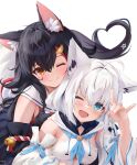  2girls ahoge animal_ear_fluff animal_ears black_hair blue_eyes blush fox_ears fox_shadow_puppet front-to-back hololive multiple_girls one_eye_closed ookami_mio ookami_mio_(1st_costume) open_mouth orange_eyes shirakami_fubuki shirakami_fubuki_(1st_costume) simple_background smile uechin_ewokaku upper_body virtual_youtuber white_background white_hair wolf_ears 