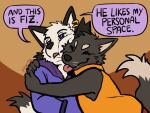  anthro black_body black_fur canid canine clothed clothing duo ear_piercing embrace english_text eyebrows fiz_(fruitz) fox fruitz fur hoodie hug male mammal piercing rut_(fruitz) tail text tongue tongue_out topwear whiskers 