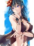  1girl absurdres arm_under_breasts bikini black_bikini blue_eyes blue_hair blue_sky book breasts byleth_(female)_(fire_emblem) byleth_(female)_(summer)_(fire_emblem) byleth_(fire_emblem) cape clear_glass_(mildmild1311) cleavage closed_mouth cloud cloudy_sky collarbone commentary_request covered_nipples fire_emblem fire_emblem:_three_houses fire_emblem_heroes flower hair_between_eyes hair_flower hair_ornament hand_on_own_chin hand_up head_tilt highres holding holding_book large_breasts long_hair looking_at_viewer messy_hair navel official_alternate_costume revision shadow side-tie_bikini_bottom signature sky solo swimsuit tassel upper_body 